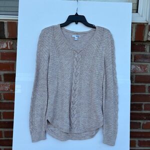 Sonoma Goods For Life Womens V-Neck Cable Knit Sweater Beige Marl Smalldvvg gf